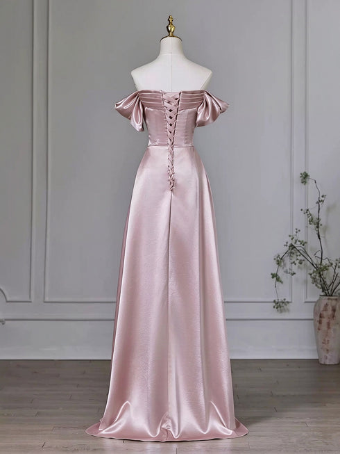 A-line Pink Off Shoulder Satin Long Party Dress Prom Dress, Pink Strapless Long Evening Dress
