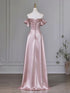 A-line Pink Off Shoulder Satin Long Party Dress Prom Dress, Pink Strapless Long Evening Dress