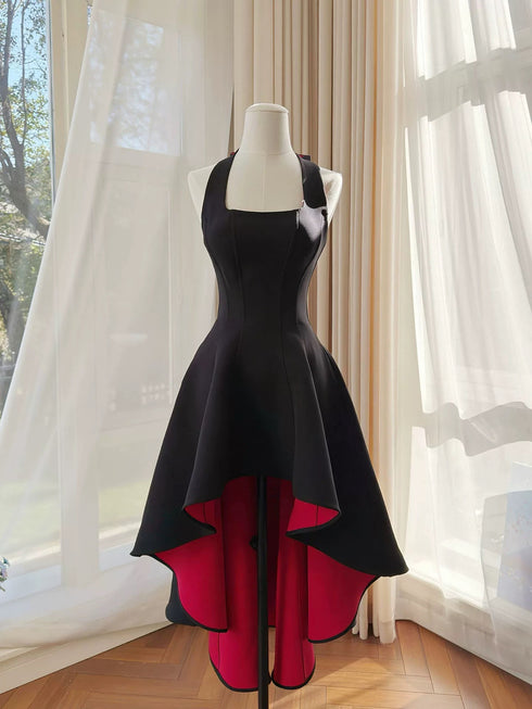 Gothic Black High-Low Homecoming Dress with Red Lining, Elegant Halter Neck Party Dress