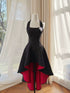 Gothic Black High-Low Homecoming Dress with Red Lining, Elegant Halter Neck Party Dress