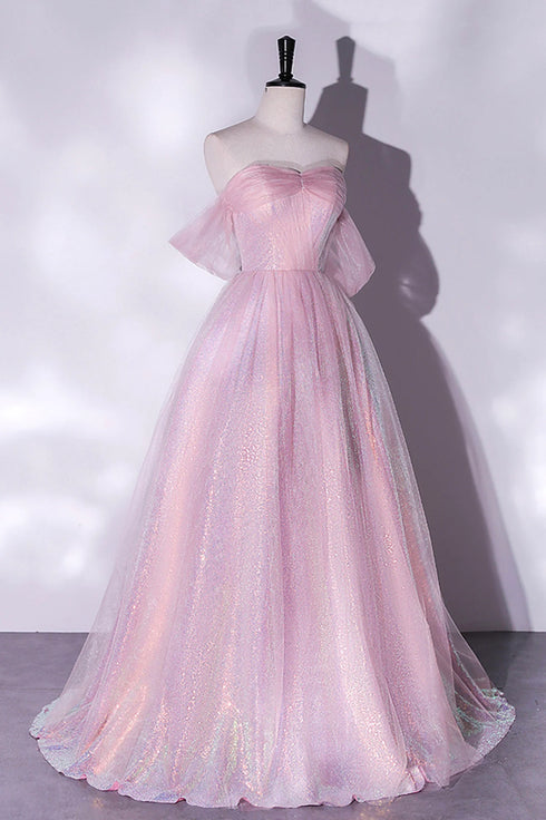 Pink Tulle and Sequins Sweetheart Long Party Dress, A-line Pink Prom Dress