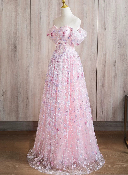 Pink A-line Off Shoulder Lace Floor Length Party Dress, Pink Lace Prom Dress