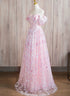Pink A-line Off Shoulder Lace Floor Length Party Dress, Pink Lace Prom Dress