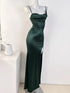 Green Satin Mermaid Straps Long Party Dress with Leg Slit, Green Satin Evening Dress Prom Dress