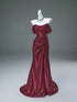 Wine Red Satin Off Shoulder Mermaid Lace-up Party Dress, Wine Red Long Prom Dress