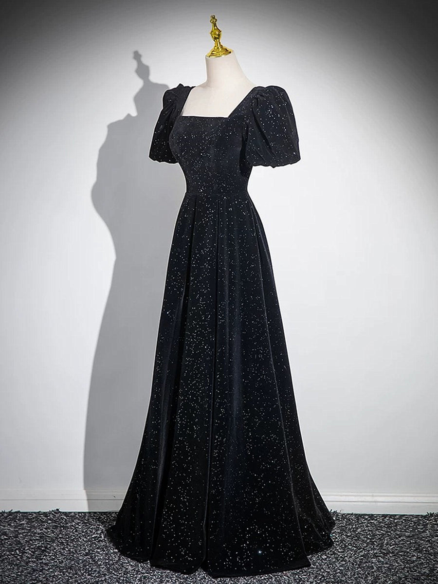 Black Short Sleeves A-line Simple Prom Dress, Black Party Dress Brides