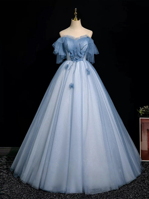 Blue A-Line Tulle Off Shoulder Beaded Sweetheart Party Dress, Long Blue Prom Dress