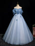 Blue A-Line Tulle Off Shoulder Beaded Sweetheart Party Dress, Long Blue Prom Dress
