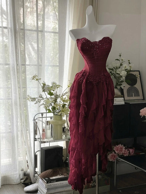 Wine Red Corset Ruffle Prom Dress with Beaded Lace Appliques, Sweetheart Neckline Wine Red Prom Dress