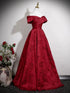 Wine Red Floral Satin Off Shoulder Sweetheart Prom Dress, A-line Wine Red Evening Dress