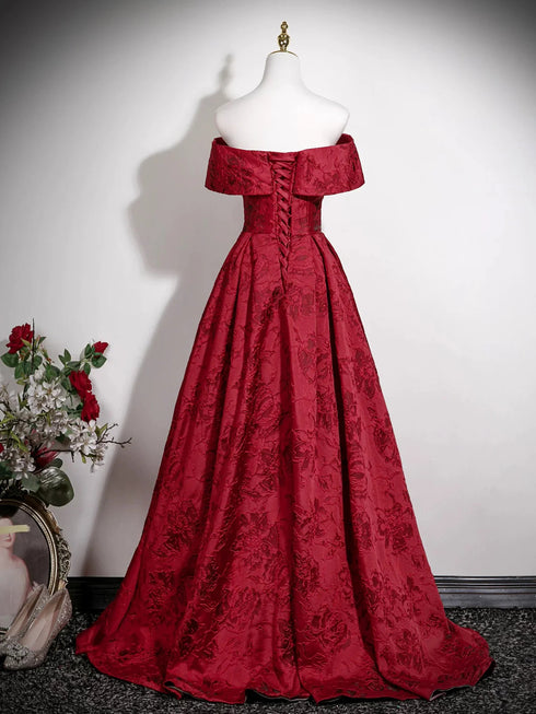 Wine Red Floral Satin Off Shoulder Sweetheart Prom Dress, A-line Wine Red Evening Dress