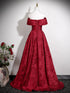 Wine Red Floral Satin Off Shoulder Sweetheart Prom Dress, A-line Wine Red Evening Dress