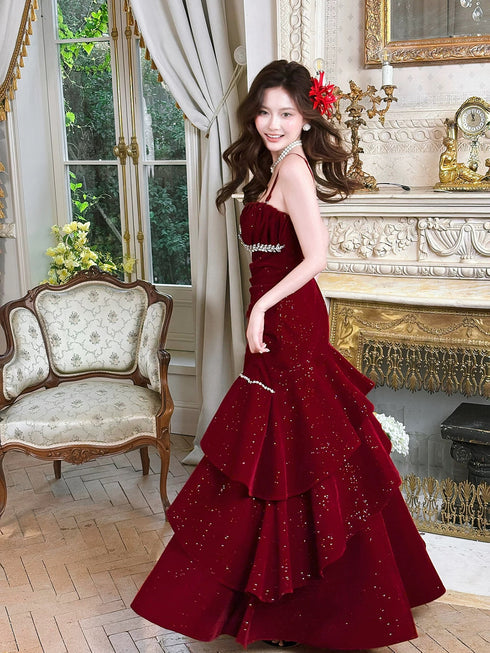 Wine Red Beaded Velvet Layers Straps Long Formal Dress, Wine Red Velvet Long Prom Dress
