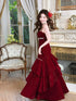 Wine Red Beaded Velvet Layers Straps Long Formal Dress, Wine Red Velvet Long Prom Dress
