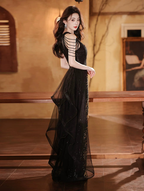 Black Sequins Halter Beaded Floor Length Party Dress, Black Sequins Long Prom Dress