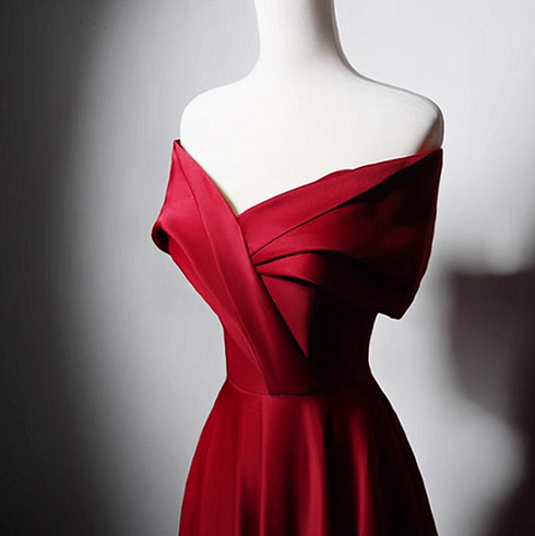 Wine Red Satin Off Shoulder A-line Party Dress, Wine Red Long Formal Dress Prom Dress
