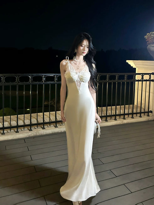 Ivory Soft Satin with Lace Long Evening Dress, Ivory Satin Formal Dress Prom Dress