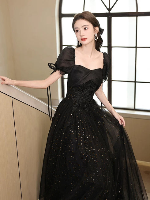 A-line Sequin Fairy Gown Short Sleeves Black Maxi Dress, Sparkly Tulle Black Prom Gown