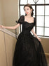 A-line Sequin Fairy Gown Short Sleeves Black Maxi Dress, Sparkly Tulle Black Prom Gown