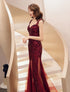 Wine Red Sequins Mermaid Straps Long Party Dress, Wine Red Prom Dress
