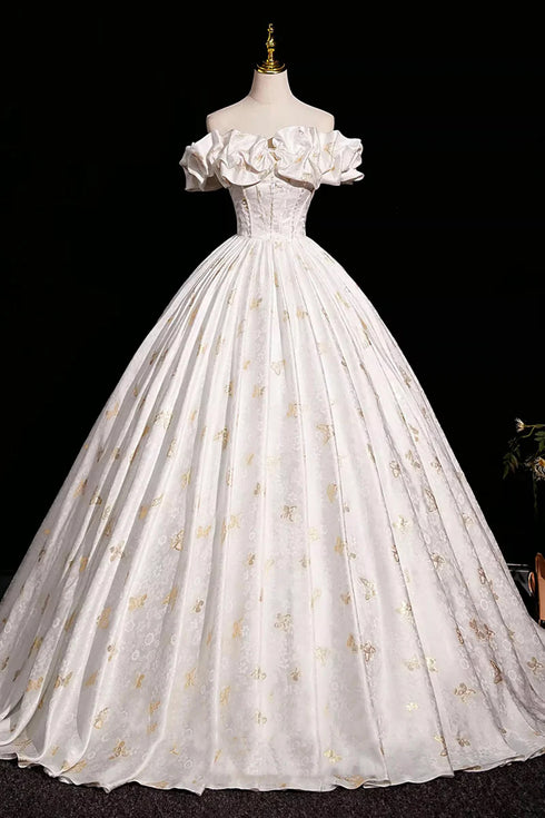 Beautiful A-line Floral Satin Off Shoulder Long Formal Gowns, Satin Floor Length Prom Dress