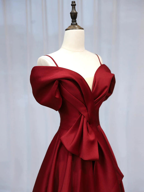 A-line Wine Red Satin Sweetheart Off Shoulder Party Dress, Wine Red Satin Evening Dress