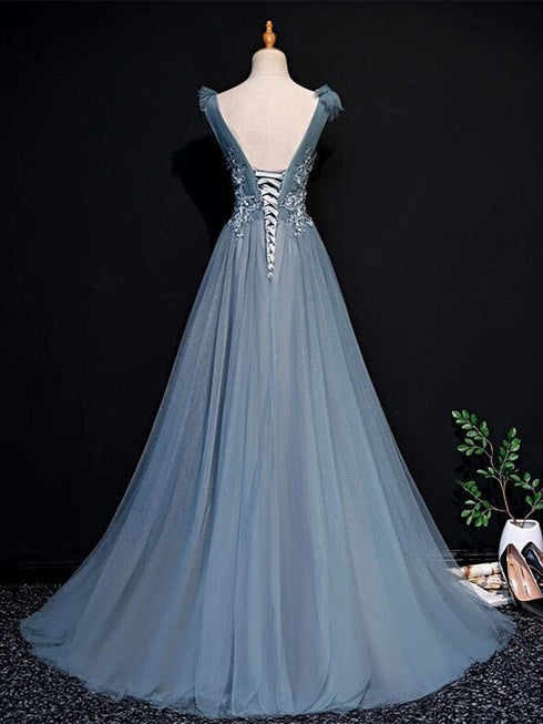 A-line Blue Tulle with Lace Applique Floor Length Party Dress, Blue Tulle Long Prom Dress