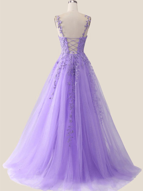 A-line Purple Tulle with Lace Applique Party Dress, Purple Long Prom Dress