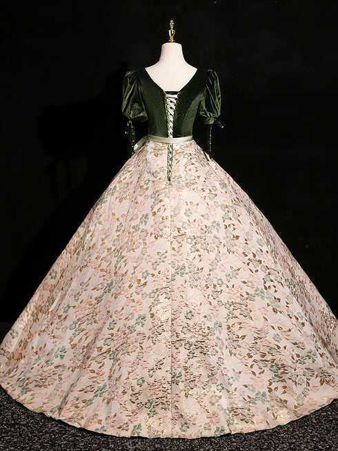 Green Velvet Floral Satin Long A-line Prom Dress, Green Evening Dress