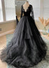 Black Tulle and Velvet Long Sleeves Formal Dress, Black Lace Prom Dress
