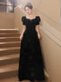 A-Line Black Short Sleeves Velvet Long Party Dress, Black Velvet Prom Dress