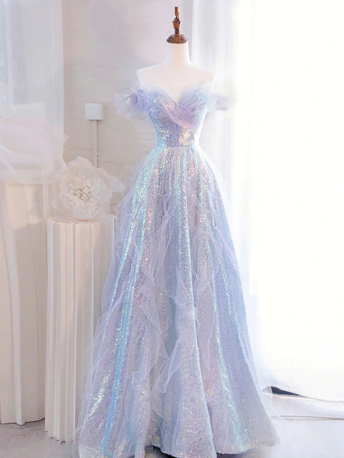 Lovely Off Shoulder A-line Tulle and Sequins Prom Dress, Sweetheart Long Evening Dress
