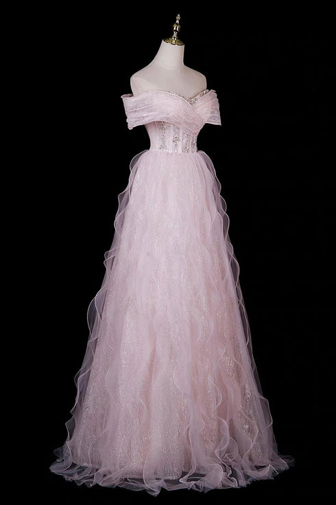 Glam Pink Off Shoulder Beaded A-Line Prom Dress, Pink Tulle Long Evening Dress