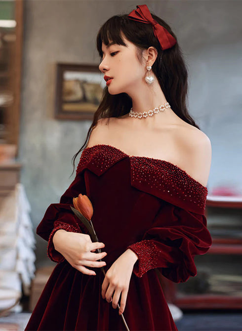 Wine Red Beaded Puffy Sleeves Long Formal Dress, Wine Red Velvet A-line Party Dress