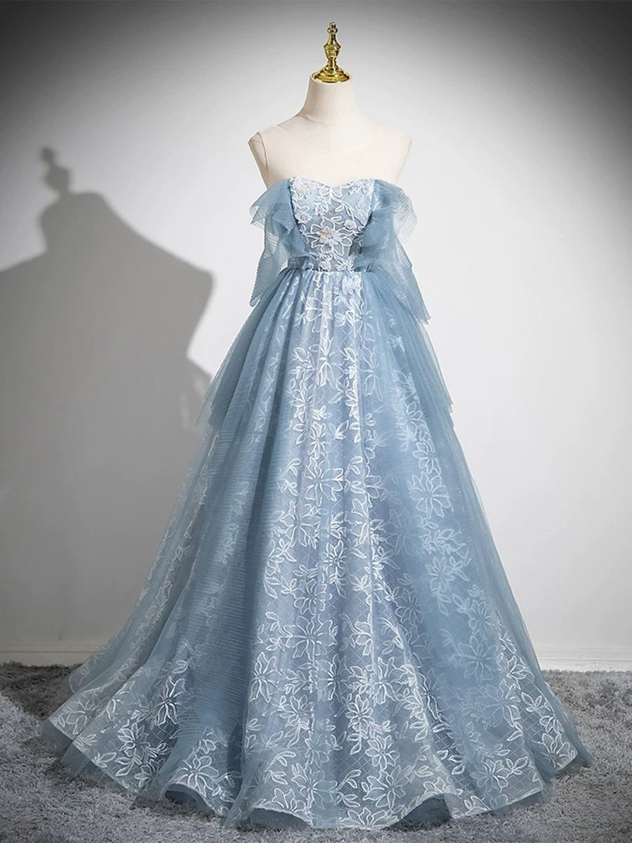 Blue A-line Lace and Tulle Long Formal Dress, Blue Round Neckline Prom –  BeautyDressy