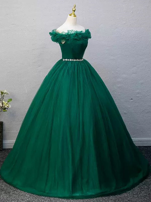 Green Beaded Off Shoulder Tulle Prom Dress, A-line Green Party Dress