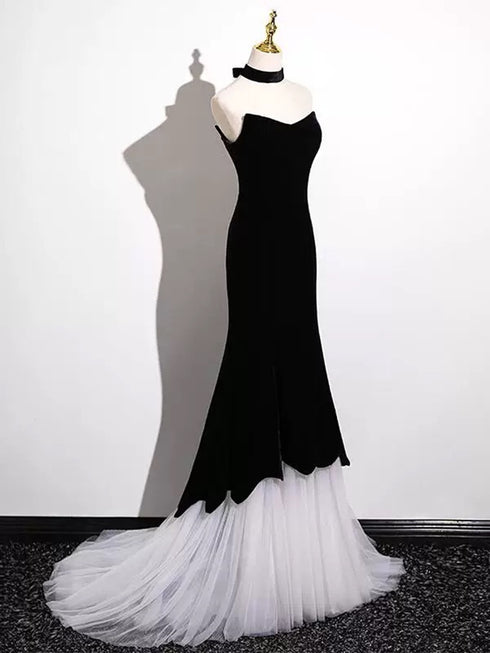 Black and White Mermaid Strapless Long Prom Dress, Velvet Formal Dress