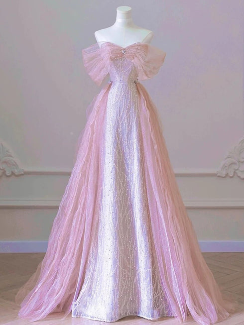 Lovely Pink Sweetheart Tulle Beaded Off Shoulder Party Dress, Pink Tulle Prom Dress
