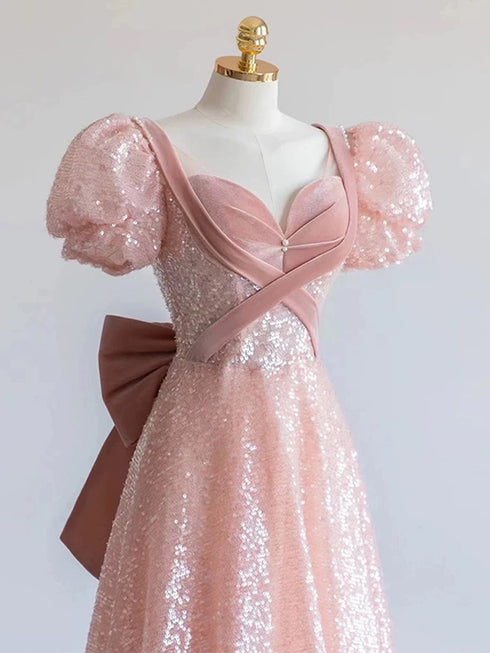 A-line Pink Sequins and Velvet Short Sleeves Party Dress, Pink Floor Length Prom Dress