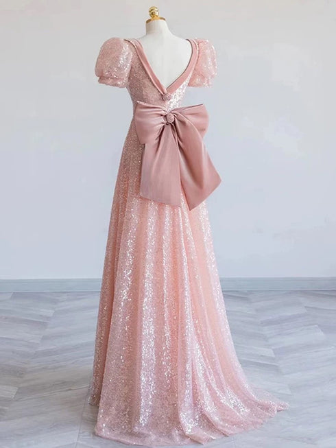 A-line Pink Sequins and Velvet Short Sleeves Party Dress, Pink Floor Length Prom Dress