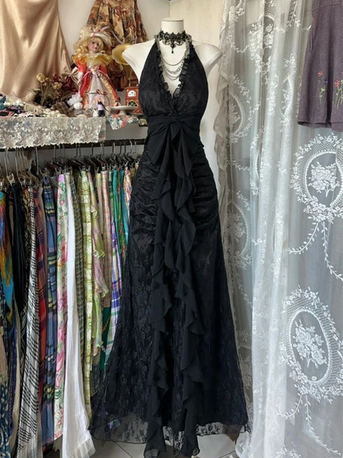 Cute Black Lace V-Neckline A-Line Halter Party Dress, Black Charming Style Prom Dress