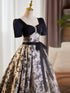 Black A-line Satin Short Sleeves Beaded Party Dress, Black Floral Satin Prom Dress
