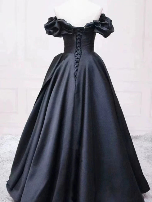 Black Satin Off Shoulder Sweetheart Long Party Dress, Black Satin Prom Dress