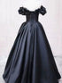 Black Satin Off Shoulder Sweetheart Long Party Dress, Black Satin Prom Dress