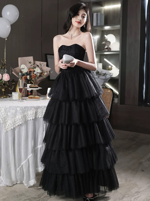 Black Tulle Layers Long Party Dress, A-line Black Tulle Prom Dress