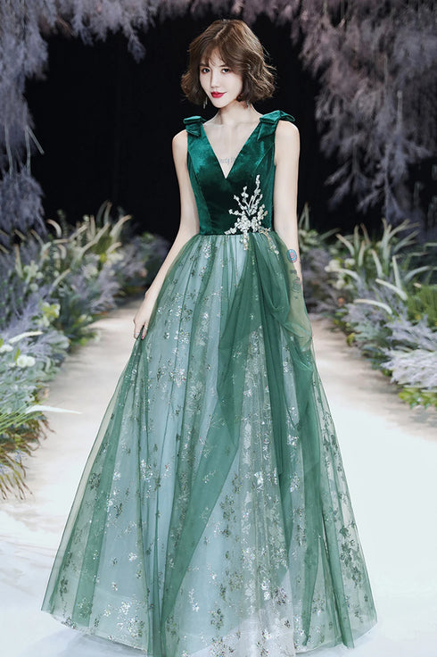 Green A-line Tulle Long Evening Dress Prom Dress, Green Tulle Party Dress