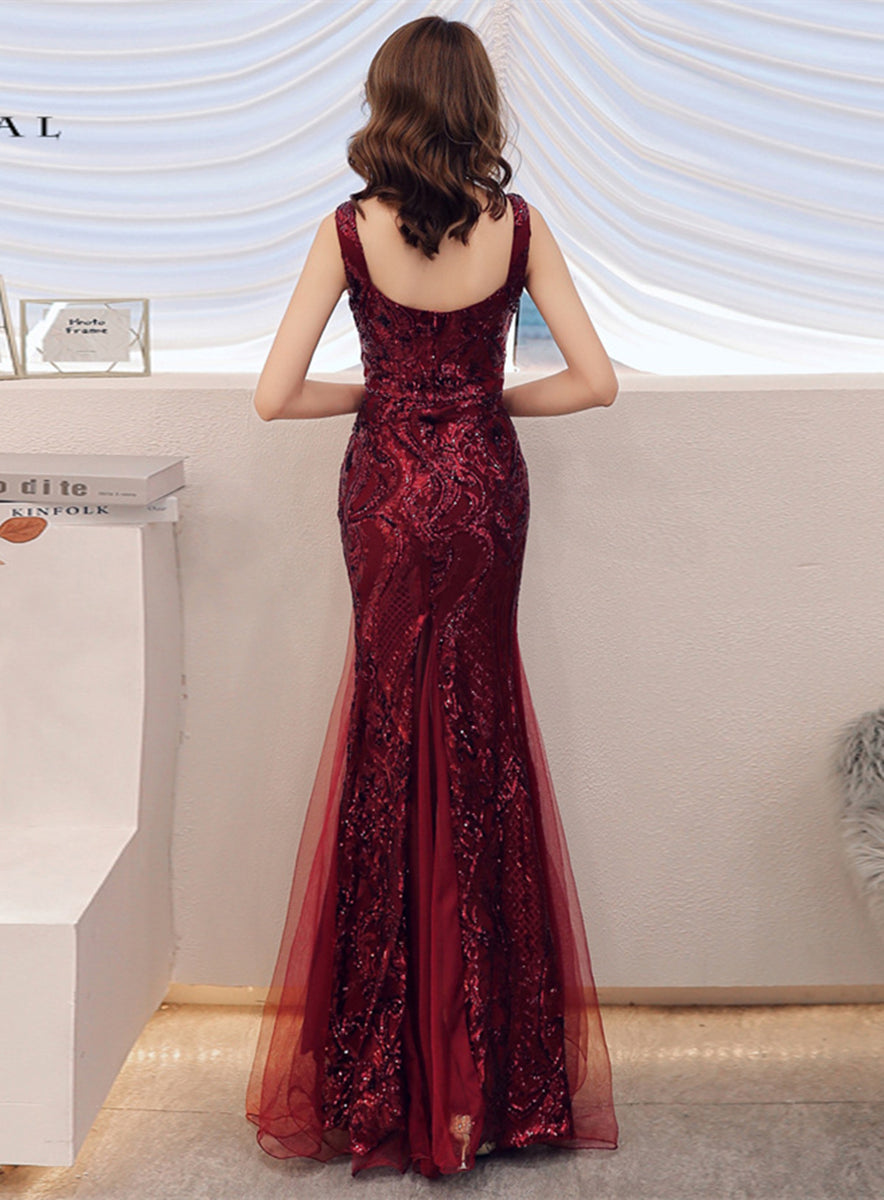 Wine Red Sequins Straps A-line Prom Dress, Wine Red Long Sweetheart Evening Dress