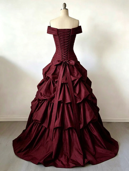 Charming Wine Red Sweetheart Off Shoulder Tiered Prom Dress, Wine Red Gothic Sweet 16 Gown