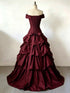 Charming Wine Red Sweetheart Off Shoulder Tiered Prom Dress, Wine Red Gothic Sweet 16 Gown