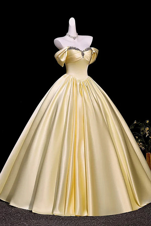 Light Yellow Beaded Sweetheart Off Shoulder Party Dress, Light Yellow Long Formal Dress